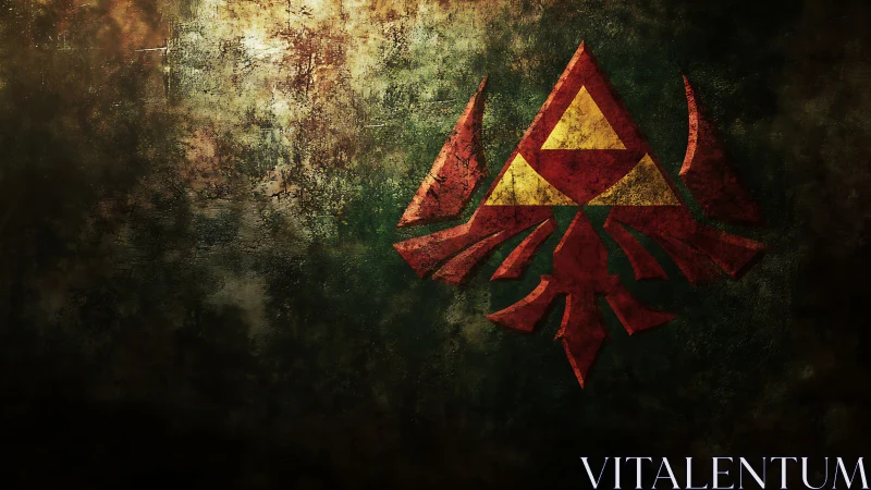 Weathered red crest with golden triangle on dark wall