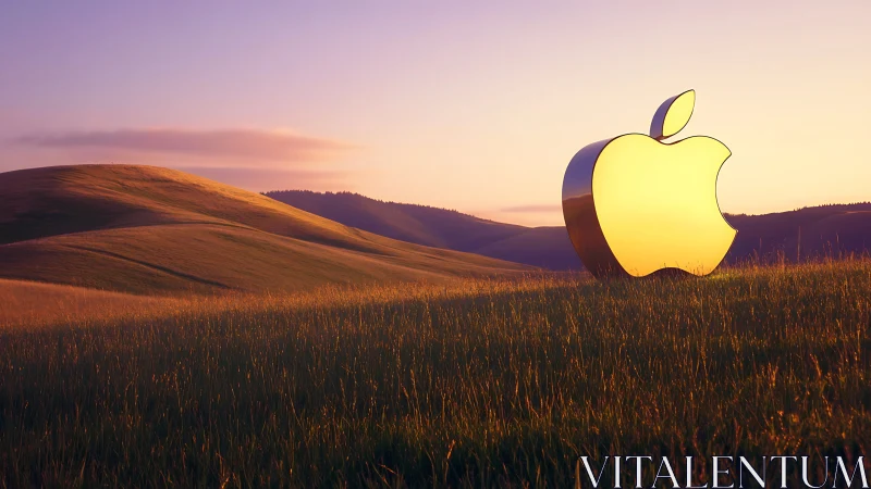 Golden tech emblem rising over sunset grassland hills.