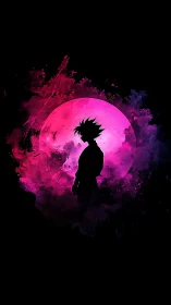 Silhouetted warrior stands before neon magenta energy moon.