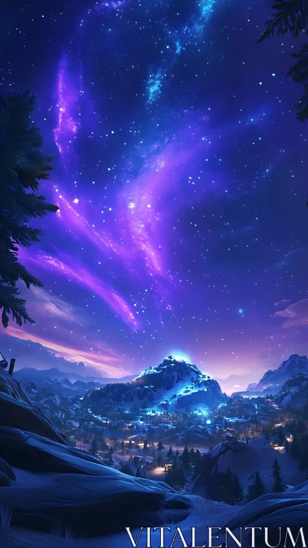 Snowy mountain town under vivid purple starry sky.