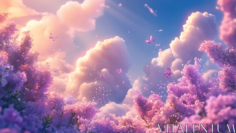 Cloudscape with pink flowering trees and scattered butterflies