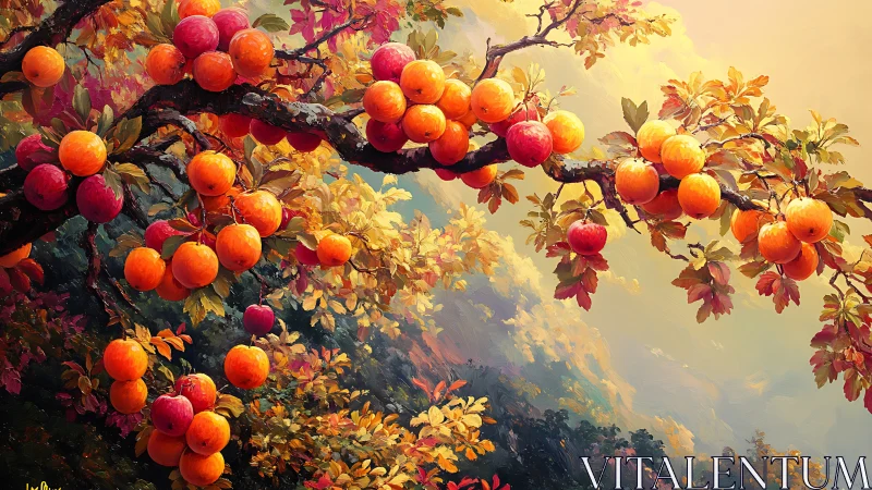 Sunlit autumn orchard branch glowing with ripe, golden fruit.