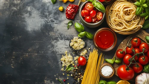 Ingredients are arranged for a tomato and pasta preparation