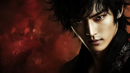 Intense male portrait with dramatic chiaroscuro and textured bokeh background