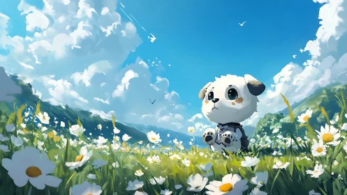 Puppy character in sunlit daisy meadow under vivid sky.
