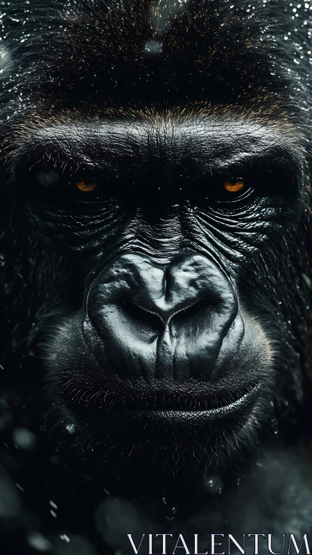 Gorilla portrait in rainfall with intense amber gaze closeup.