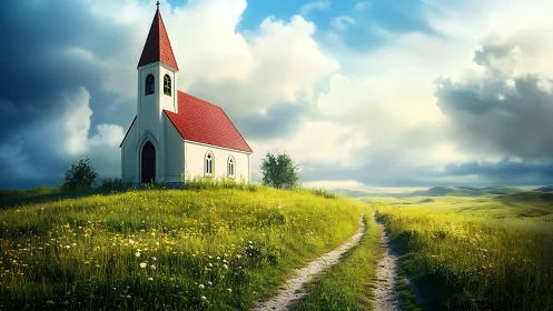 Sunlit country chapel rendered in high-detail digital realism