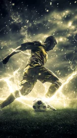 Dynamic soccer player striking ball in glowing energy storm.