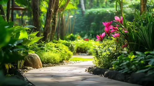 Curved stone garden path bordered by tropical foliage and lilies