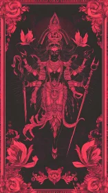 Digital painting of multi-armed goddess with ornate floral frame.
