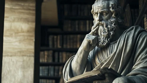 Marble philosopher statue in quiet library interior.