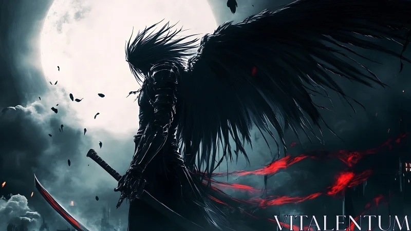 Winged dark warrior stands against full moon in armor