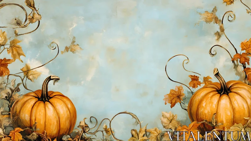 Autumn pumpkins rest amid swirling vines on blue sky backdrop.