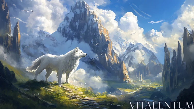 White wolf stands in expansive, clouded mountain valley landscape