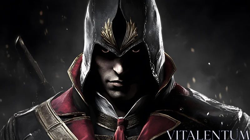 Hooded armored figure in dark dramatic frontal portrait.