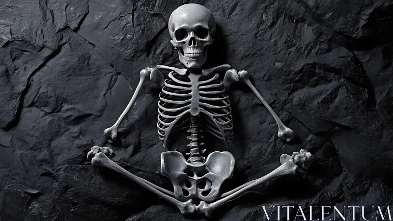 Human skeleton rests on dark stone with dramatic light.
