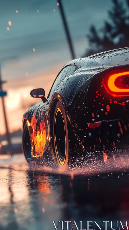Rear-quarter supercar view under dynamic rain with vivid bokeh lighting