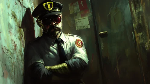 Grizzled security guard in dim corridor with badge and cap