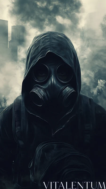 Hooded survivor in gas mask walking through toxic city ruins.