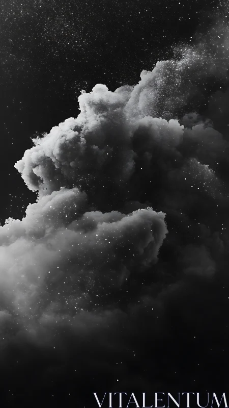 Monochrome cloud formation is rendered against a dark field