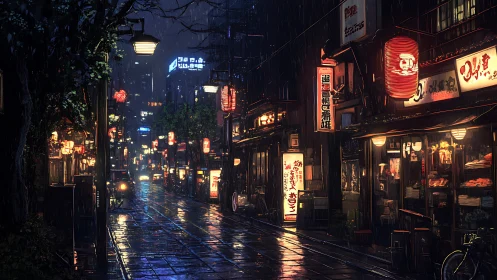 Rainy neon-lit Japanese alleyway with restaurants at night.