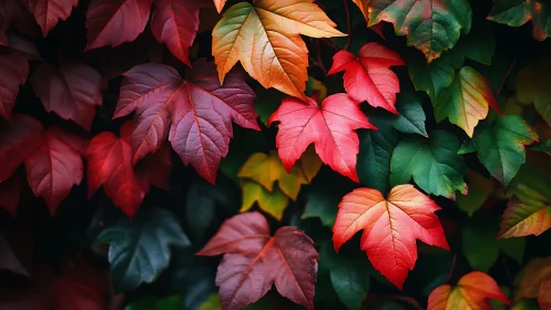 Macro study of multicolored ivy foliage in autumn transition