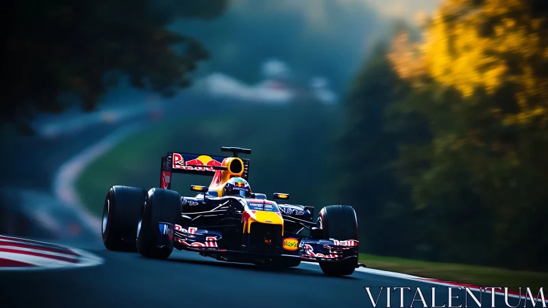 Formula race car charges through a glowing forest circuit