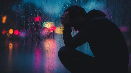 Silhouetted man crouches by rain-soaked window at night