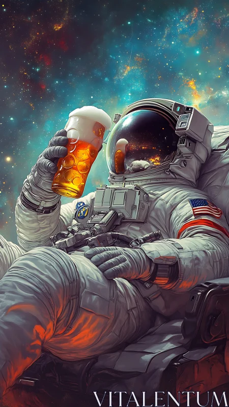 Cosmic astronaut leans back and savors a golden space beer