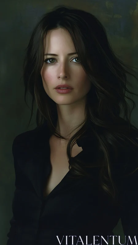 Digital portrait of woman in dark shirt against muted backdrop.