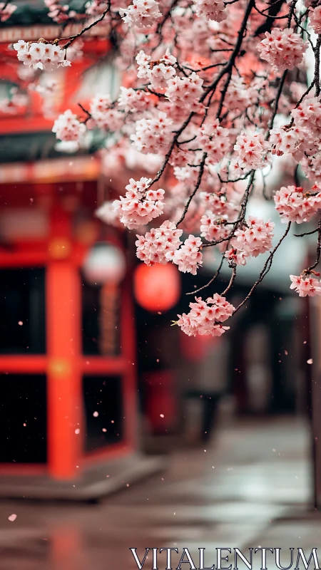 Cherry blossoms over wet street near red temple gate.