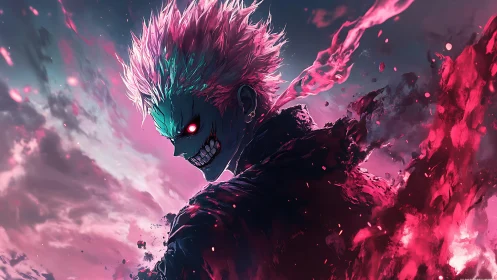 Energetic anime figure with glowing eyes in pink storm field.