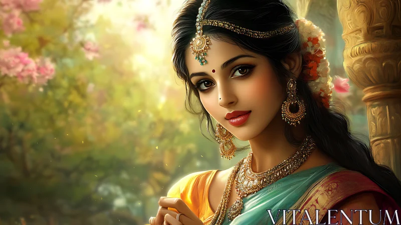 Elegant Indian Woman in Traditional Attire, Digital Art Portrait.