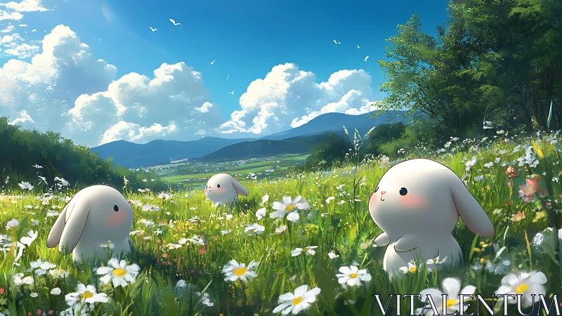 Plump meadow bunnies trade shy secrets beneath bright skies