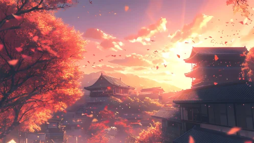 Autumn sunset bathes tranquil Japanese rooftops in golden light