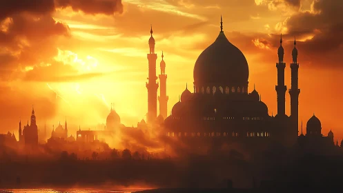 Silhouetted domed mosque complex against dense orange sunset.
