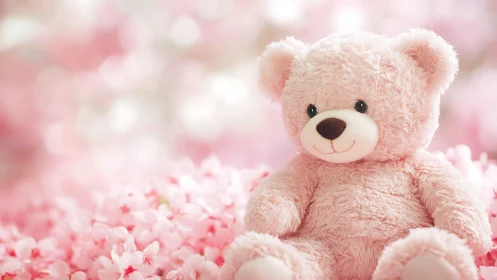 Soft pink teddy bear amid dreamy floral bokeh background.