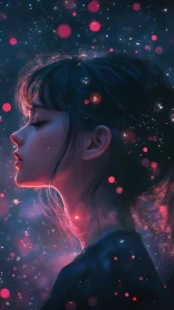Dreaming girl bathed in cosmic neon starlight aura.