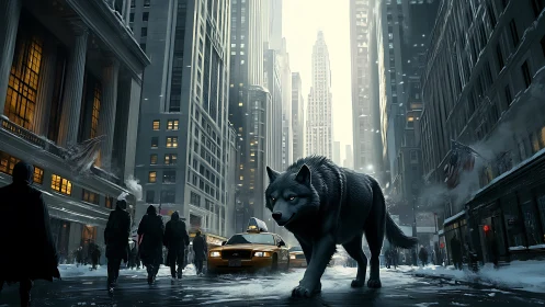Giant Wolf Prowls Snowy Manhattan Street