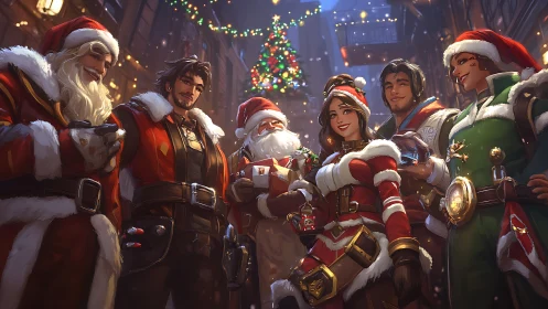 Holiday heroes trade gifts beneath a blazing alley tree