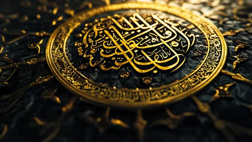 Golden Quranic mandala whispering light into dark stone.