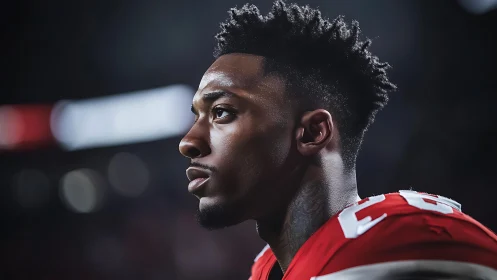 Portrait shows American football player in red uniform