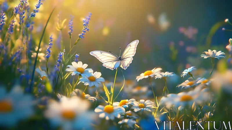 Soft morning light welcomes a pale butterfly over daisies