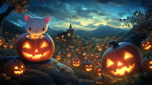 Glowing Cat Pumpkin Overlooks Haunted Halloween Village.