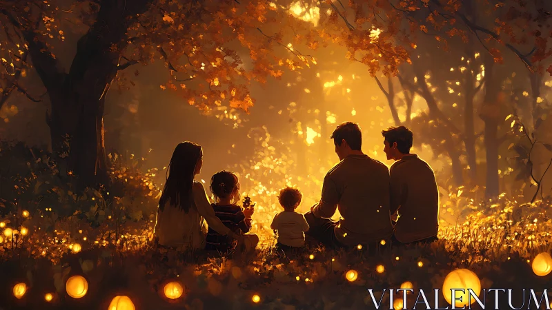 Autumn glow gathers a quiet circle of family and fireflies.
