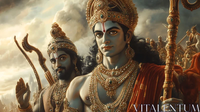 Divine blue warriors in ornate gold armor before battle.