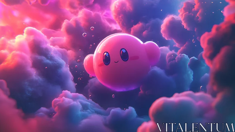 Pink spherical character hovers within luminous colored clouds