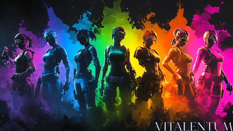 Rainbow lineup of tactical female fighters in neon colors.