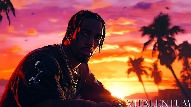 Man in sunset cityscape with palm silhouettes and glow.