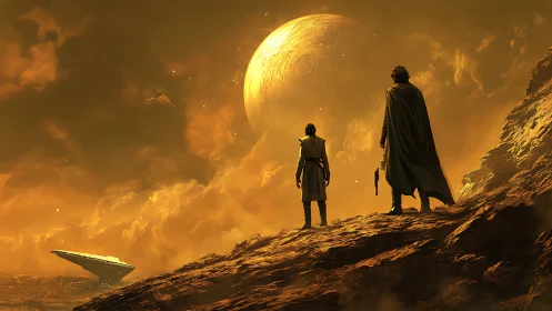 Cinematic sci-fi vista with cloaked figures on alien ridge.